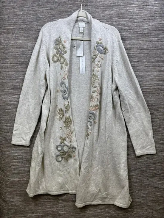 Chico's Knit Open Front Sweater Coat Womens Size 4 US XXL Ivory Embroidered NEW