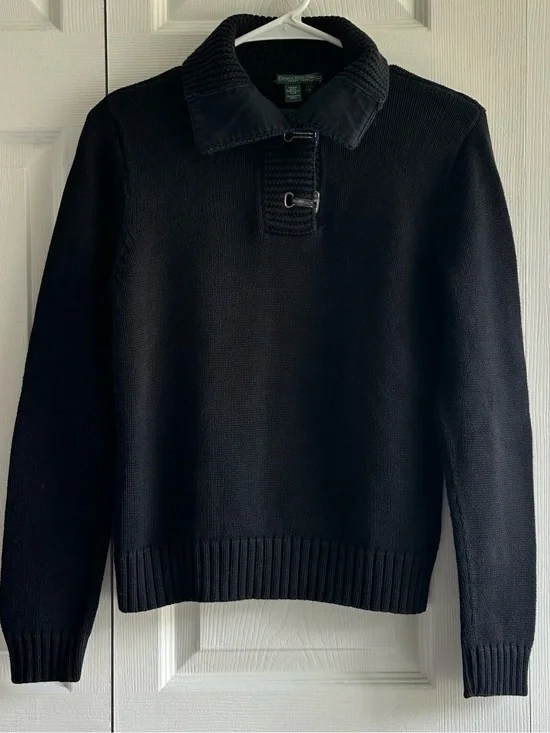 Lauren Ralph Lauren Black Crewneck Toggle Pullover Sweater W/ Clasps Preppy