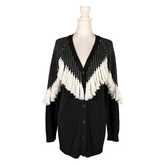Vintage Y2K 90s Fringe Cardigan Sweater M Retro Gothic Western Coastal Casual