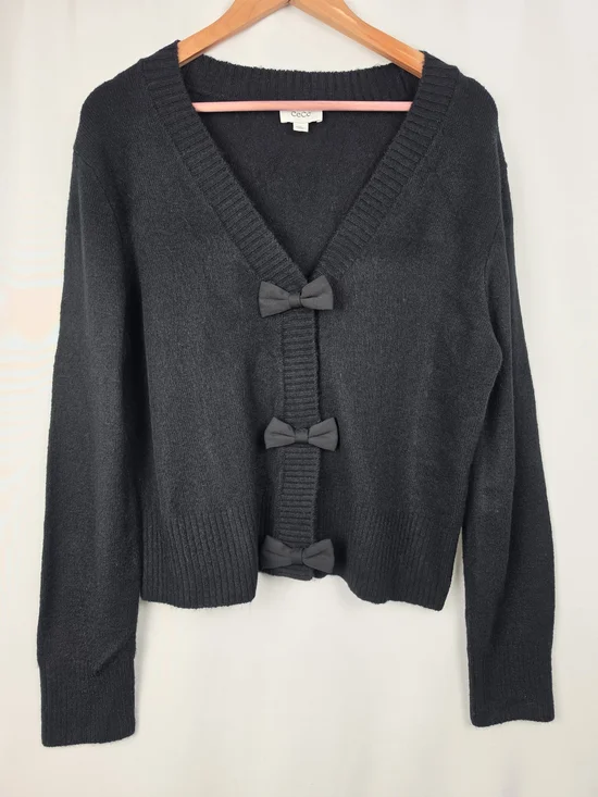 CeCe Black 3 Bow V-Neck Sweater Cardigan M Coquette