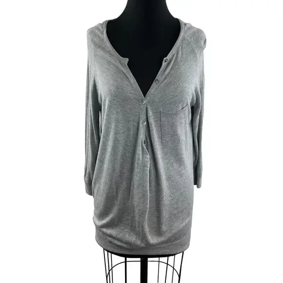 VINCE Gray Cashmere Blend Partial Button-Down 3/4 Sleeve Pullover Sweater Sz M