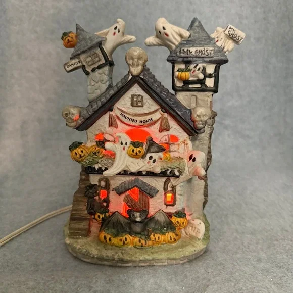 Vintage 1990s Haunted House Figurine Lighted Ceramic Ghost Bat Pumpkin Works
