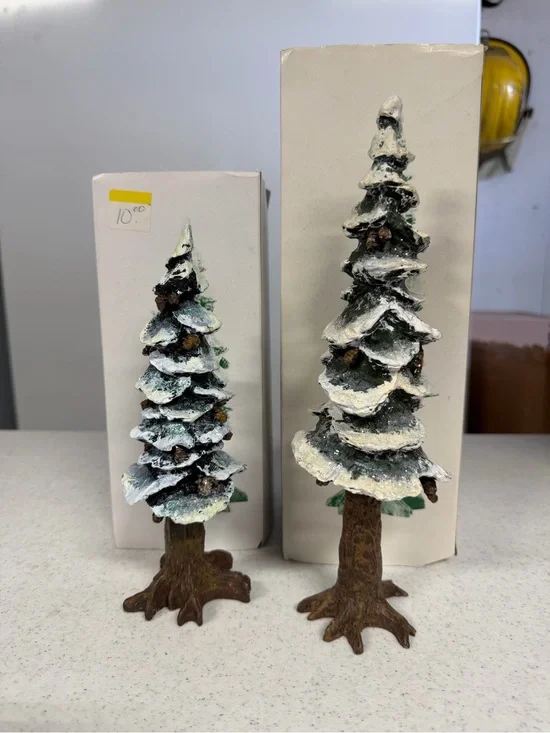 VINTAGE Department 56 - 10.5” 8” Village Pole Pine Trees Cold Cast Porcelain