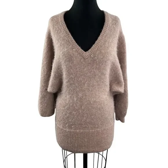 THE GROUP BABATON Pink Alpaca Wool Blend V-Neck Fuzzy Pullover Sweater Sz 1(XS)