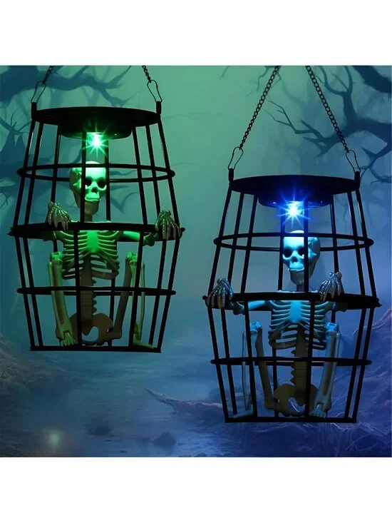 Scary Solar Halloween Decorations Hanging Ghost Skeleton Set of 2