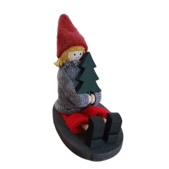 Handmade Sweden Larssons Tra Wood Christmas Figurine Girl on Sled Holding Tree