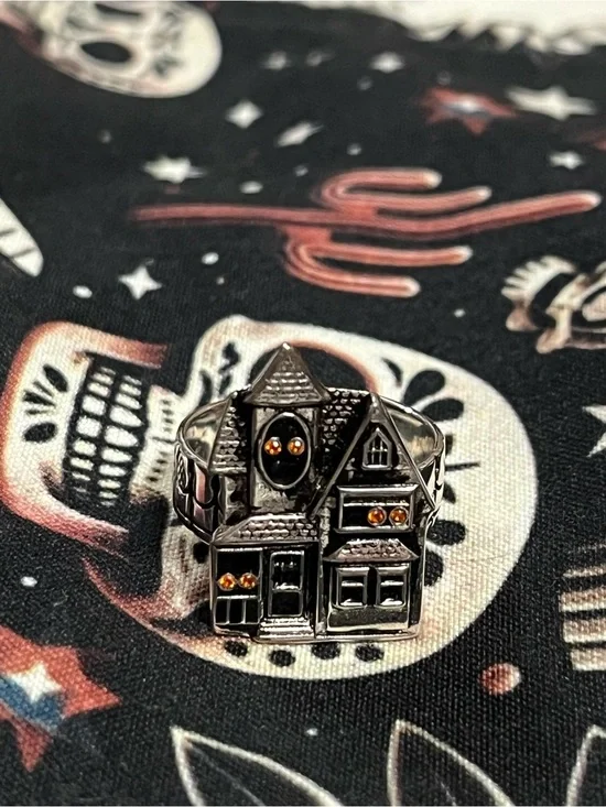 Silver Haunted House Ring with Orange Accents - Home Holiday