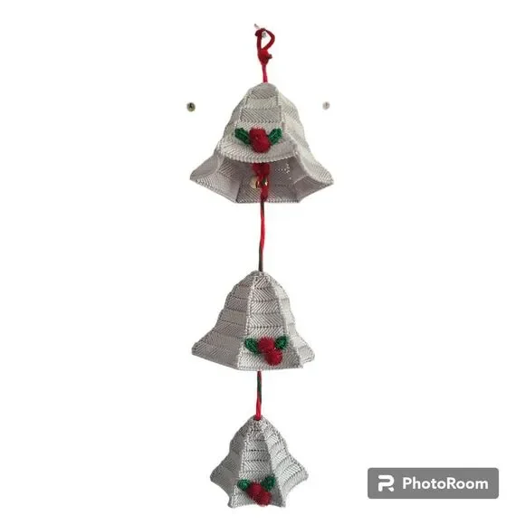 Vintage Plastic Canvas Silver Bells Holiday Hang-Up Mobile Ornament Decoration