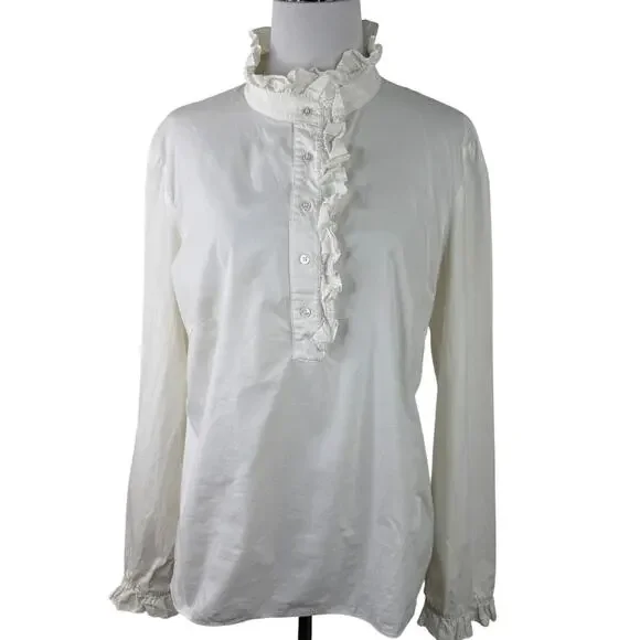 Tory Burch Women's White Ruffle Neck Long Sleeve Blouse Shirt Size 10