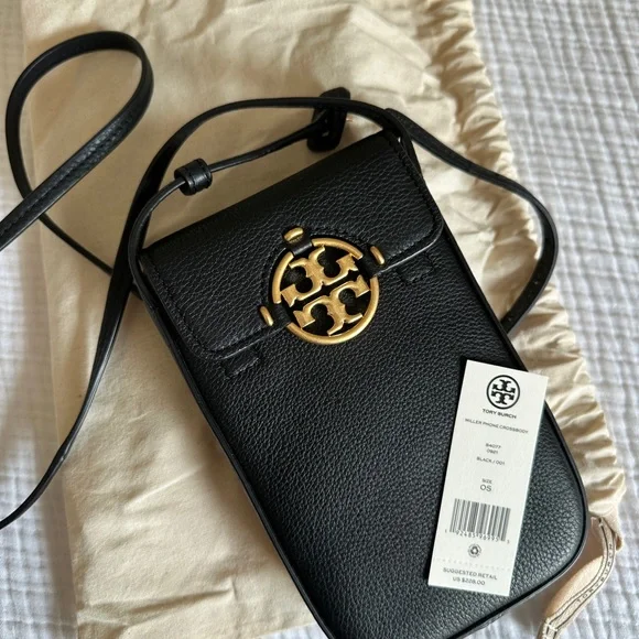Tory Burch Black Crossbody Phone Bag with Gold Logo