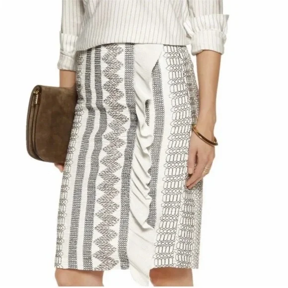 Tory Burch White Black Embroidered Ruffled Knee Length Pencil Skirt Size 0