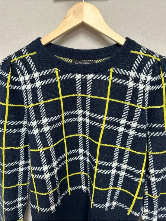 Banana Republic Navy Crewneck Sweater with White Plaid and Yellow Grid