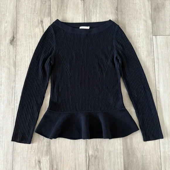 Tory Burch Ramona Solid Black Merino Wool Sweater Sz Medium Peplum Long Sleeves‎