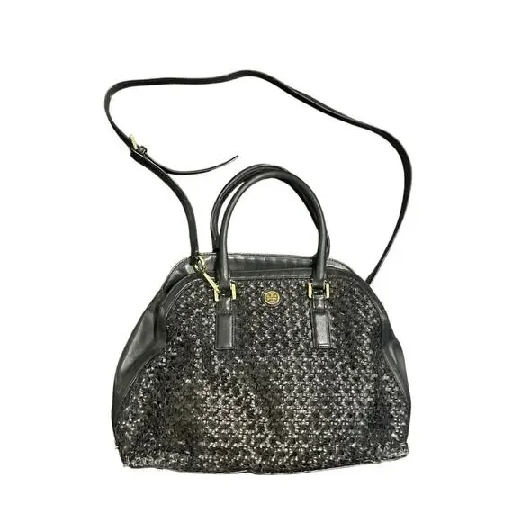 Tory Burch Logo Robinson Black Basket Woven Leather Satchel Tote Handbag Classic