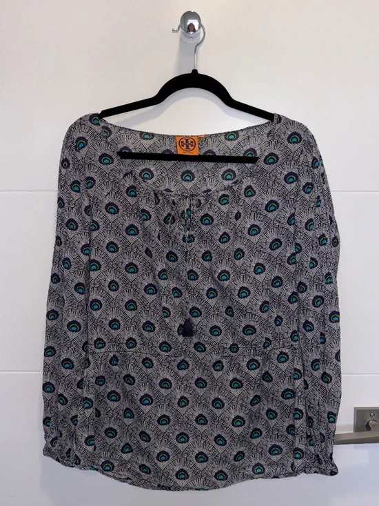 Tory Burch Evelina Peacock Print Cotton Peasant Blouse Size 6
