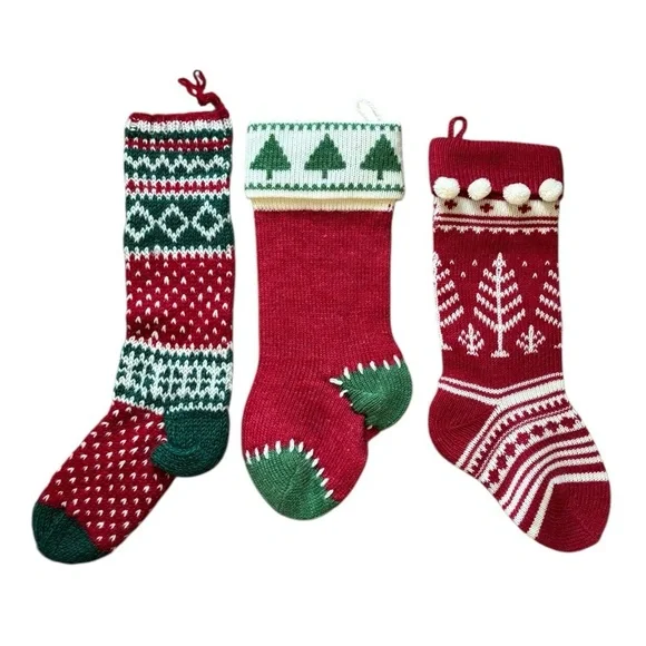 Set 3 WOOL Colorful Christmas Decorating Socks Red Green Fun Whimsical Hook