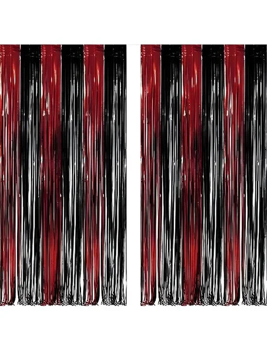 Black Red Party Streamers Backdrop - Foil Fringe Tinsel for