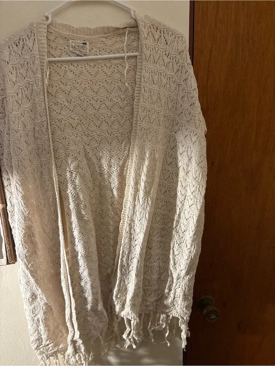 La Hearts Cream Open-Weave Fringe Cardigan