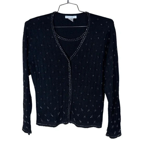 Claudia D Womens Black Beaded Ribbed Cardigan Top Vintage L