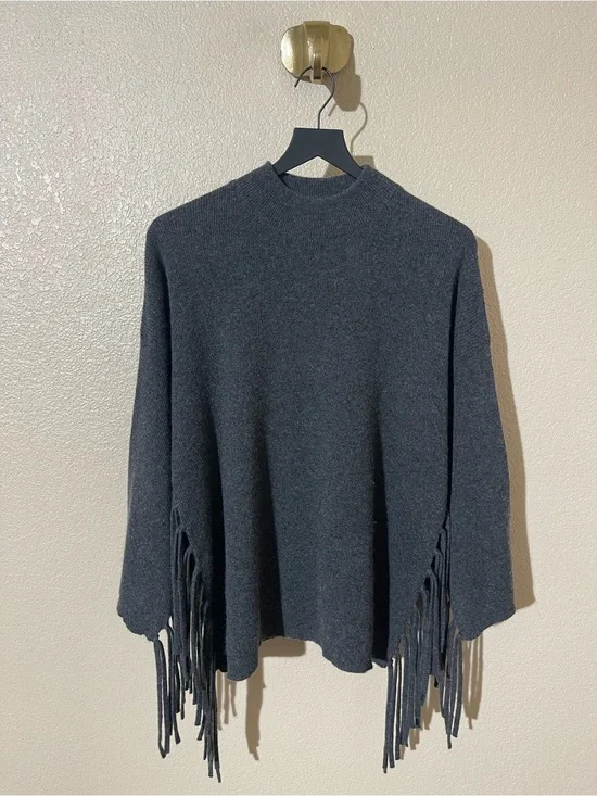 Plush Cashmere Women's Charcoal Fringe Mock Neck Sweater Poncho