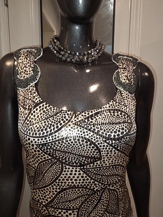 Tory Burch Gorgeous Black and Cream Sleeveless Leaf-Print Shift Silk Dress Sz 2