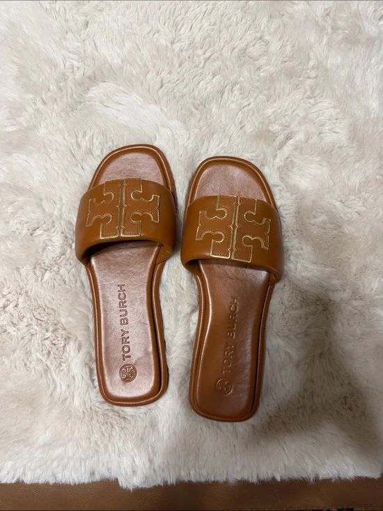 Tory Burch Cognac Leather Logo Slide Sandals