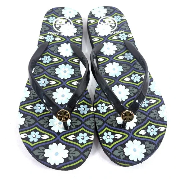 Tory Burch Flip Flop Sandals Black Floral Logo Thong Rubber Shoes Women Sz 9