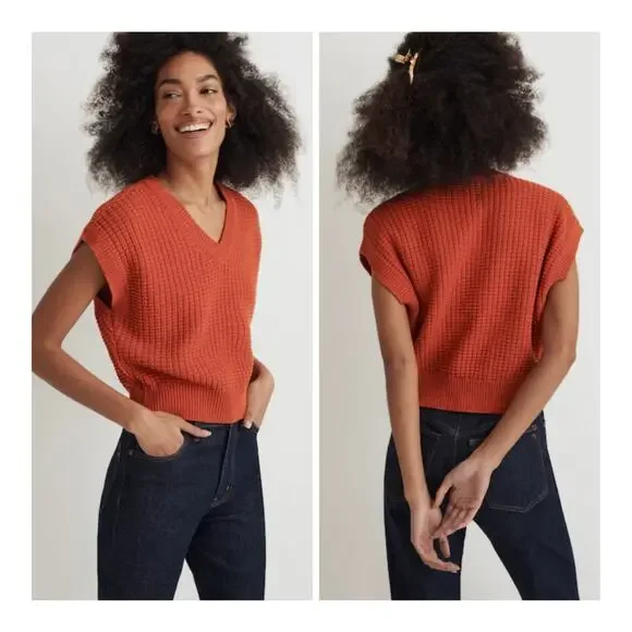 Madewell Waffle-Knit Sweater Vest Cotton Crop Preppy Academia Colorful - Small