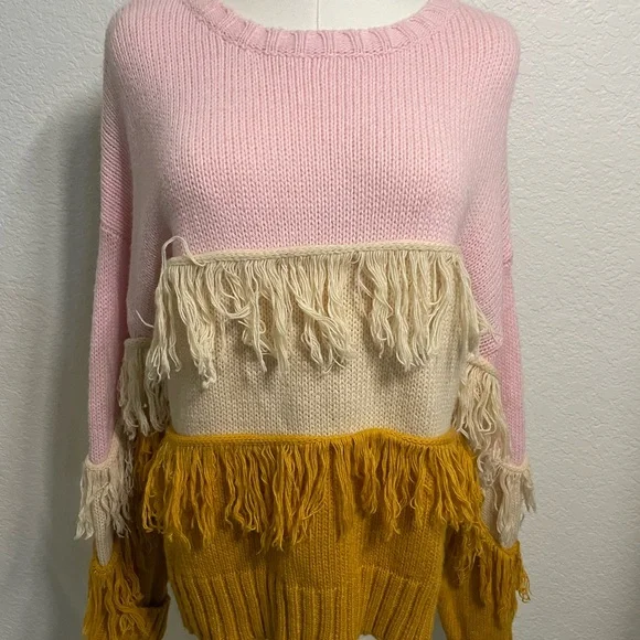 Peach Love California Colorblock Fringe Sweater