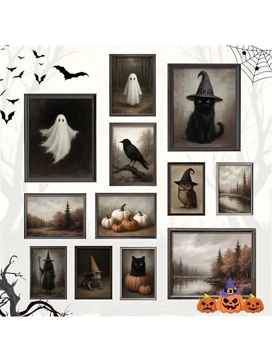 Vintage Halloween Wall Art, Ghost and Witchy Posters, Unframed
