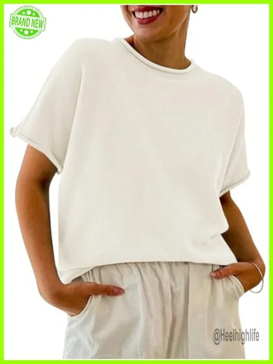 Womens Short Sleeve Lightweight Knit Pullover Sweater Loose Fit Crewneck