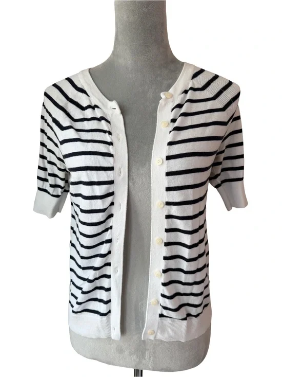 LOFT Striped Short Sleeve Cardigan Sweater Crewneck Button Front French Girl XXS