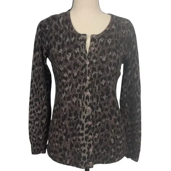 C by Bloomingdale's 2-Ply Cashmere Leopard Print Cardigan Size Small