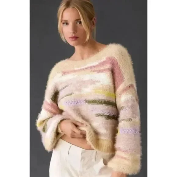 Anthropologie Pilcro Boat-Neck Cropped Sweater Multi Color size Large