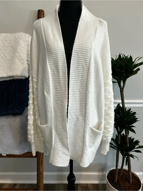 Vince Camuto Ivory Open-Front Pom-Sleeve Cardigan Size Large