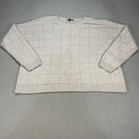 Eileen Fisher Med Sweater Gray Organic Cotton Cashmere Blend Knit Grid Boxy