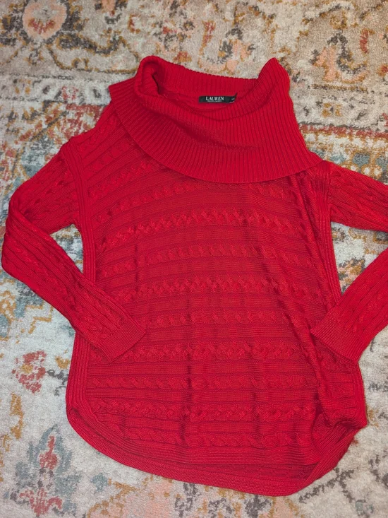 Lauren Ralph Lauren Women's L Red Cable-Knit Cowlneck Sweater Holiday Cozy