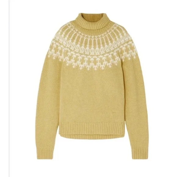 Tory Burch Sweater Fair Isle Merino Wool‎ Jojoba Yellow Nordic Chunky XS Ski