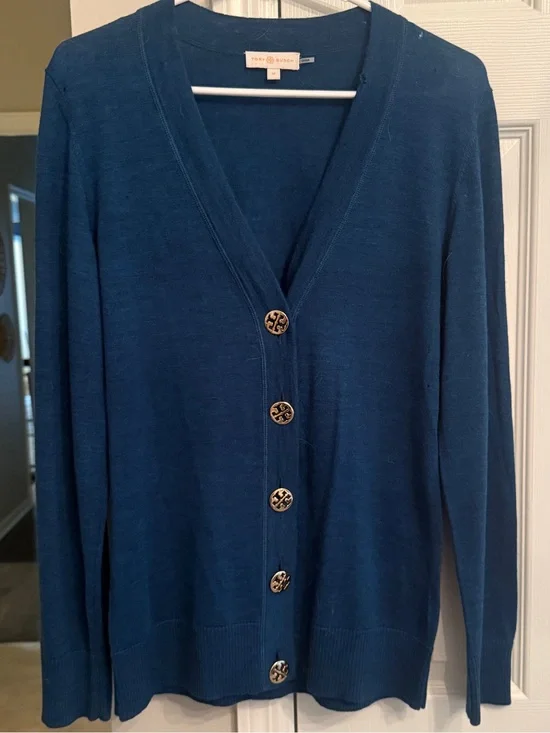 Tory Burch Teal Blue Button-Front V-Neck Cardigan