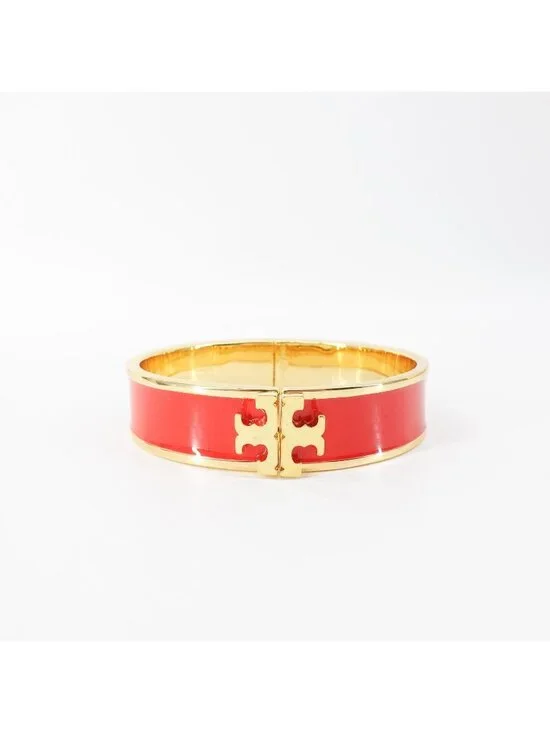 Tory Burch Enameled Kira Logo Hinged Bracelet Gold/ Red OS