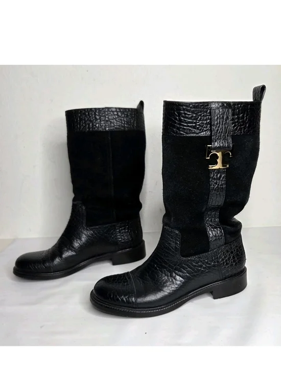 Tory Burch Corey Mid Calf Boots Womens 7 M Leather Black Logo Riding Equestrian