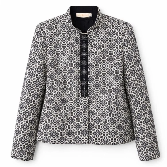 Tory Burch Embellished Jacquard Jacket Size 12 Navy Ivory Collarless Blazer