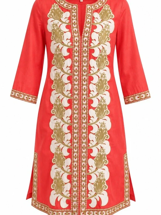 Tory Burch Coral Tunic Dress with Gold & White Embroidery