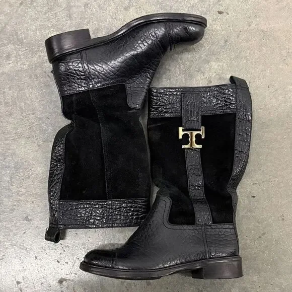 Tory Burch Black Leather and Suede Moto Boots