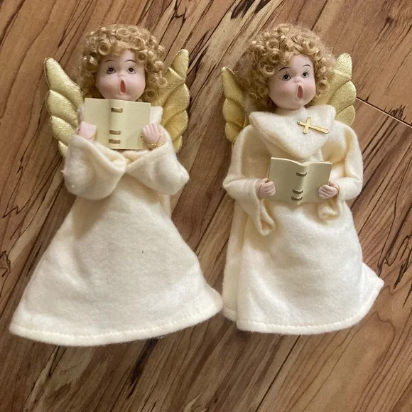 2 Vtg Christmas Choir Girl Angel Felt Porcelain Face Blonde Curls Cross 9.5