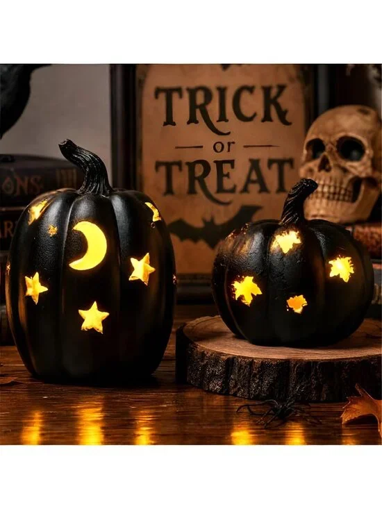 2 PCS Black Resin Light‑Up Pumpkin Figurine,5.3