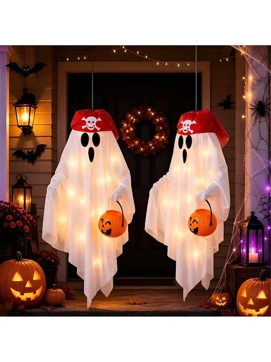 2 Pack Hanging Pirate Ghost Decorations with Lights for Halloween
