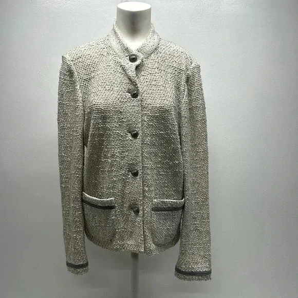 St John Cardigan Blazer Santana Knit Button Down Sweater Jacket Collared Gray 12