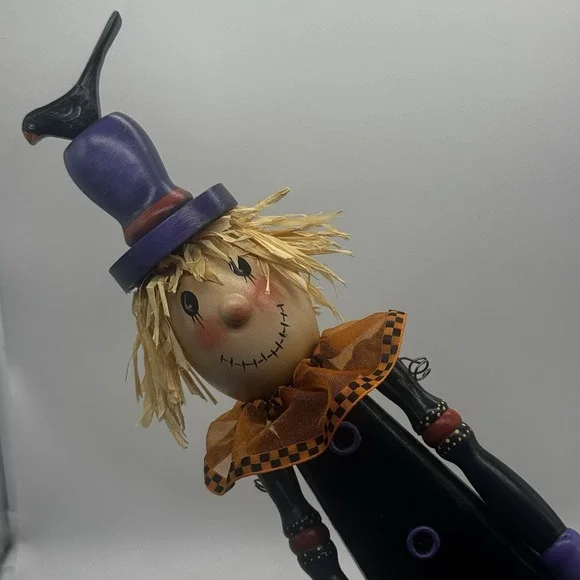 Halloween Scarecrow Crow Zone Figure Hand Painted Wood Articulated Arms Vtg Sign
