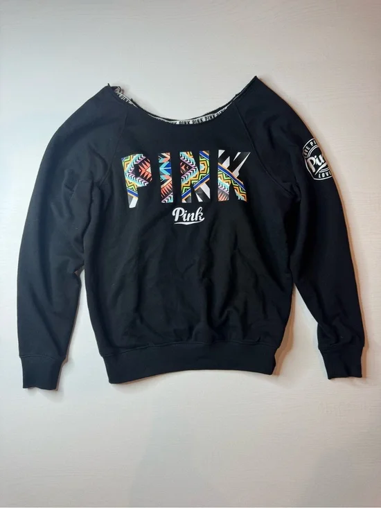 Victoria's Secret PINK Black Off-the-Shoulder Sweatshirt with Multicolor Logo